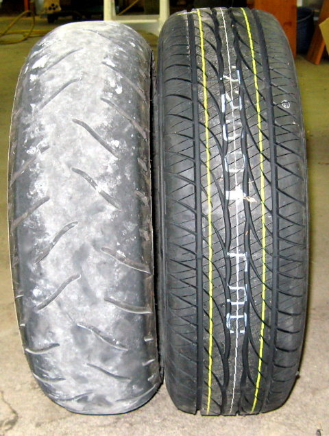Motorcycle tire beside a 195/60 car tire during a Honda GL1800 darkside install report