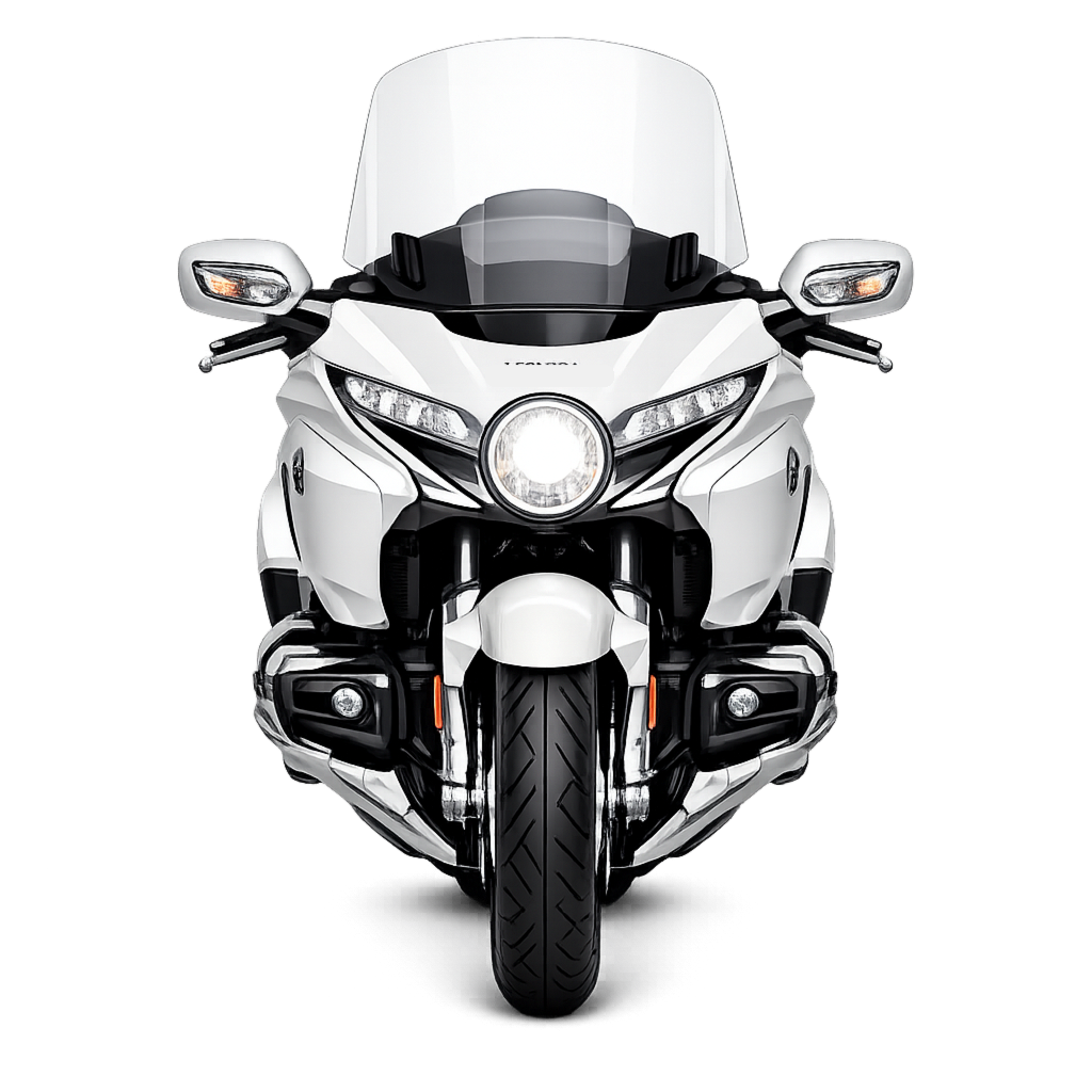 Front view of a Honda Goldwing used to show motorcycle lean angle